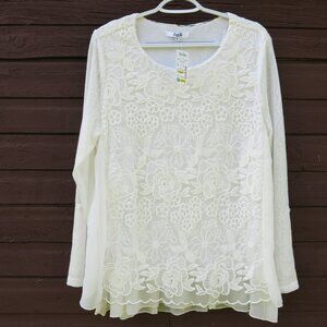 Lisa D. Paris White Floral Romantic Embroidery Lace Long Sleeves Blouse Size XL